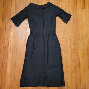 Mize Modes Black Midi Dress Lace Collar Bow 60s 16 Goth Dark Academia Coquette